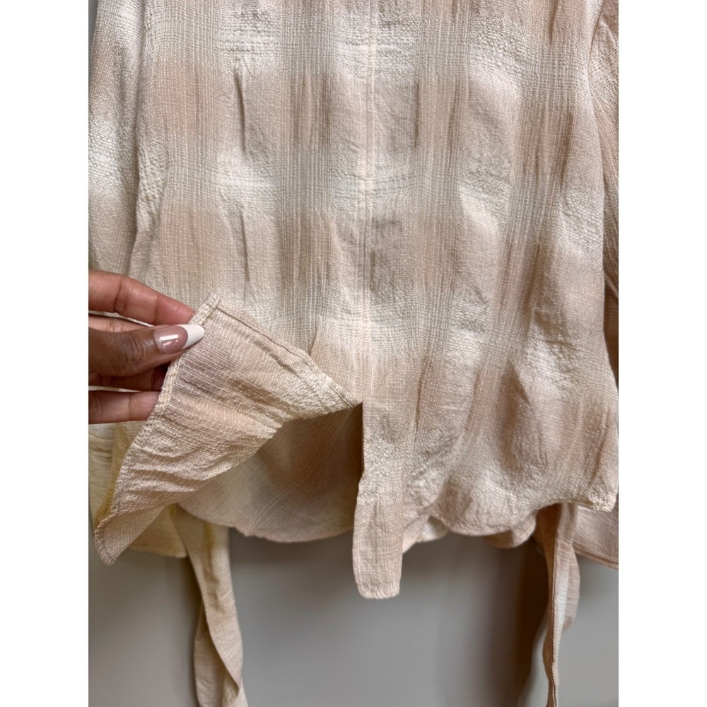 Zara Beige Textured Ruched Button Down Shirt Top Gauze Coastal Cotton Blend M - Picture 7 of 13